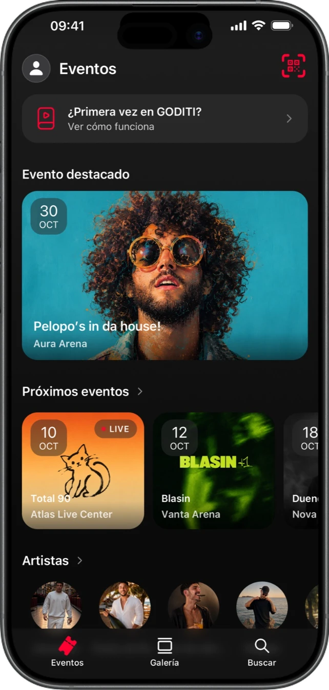 Pantalla de inicio de la app GODITI con los eventos disponibles
